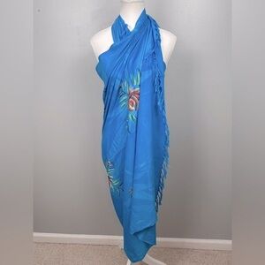 Tropical Batik 100% rayon blue floral large fringed wrap sarong.